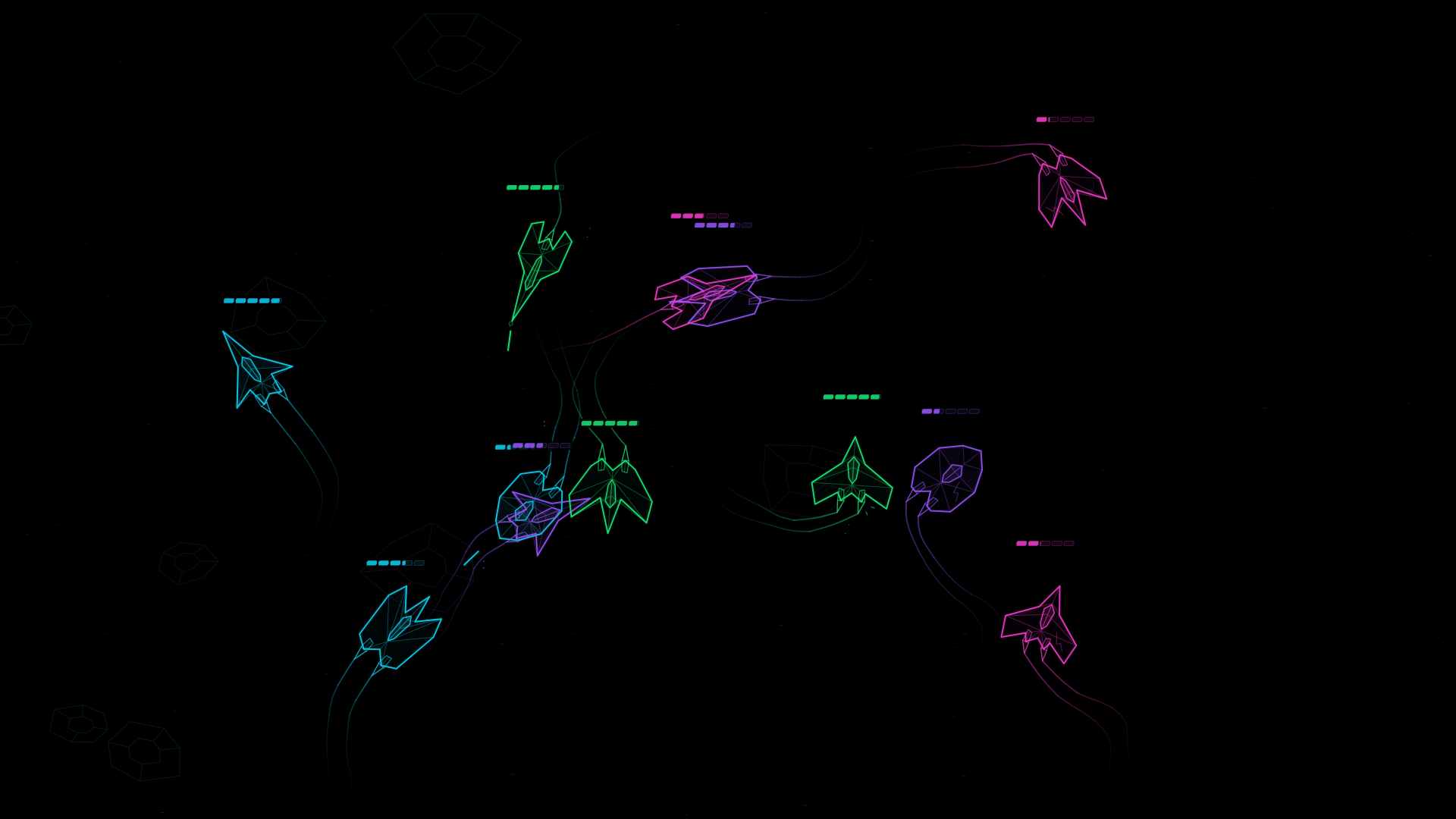Actual AFK Wars gameplay: cyan, green, violet and magenta wireframe ships crossing a black space battlefield