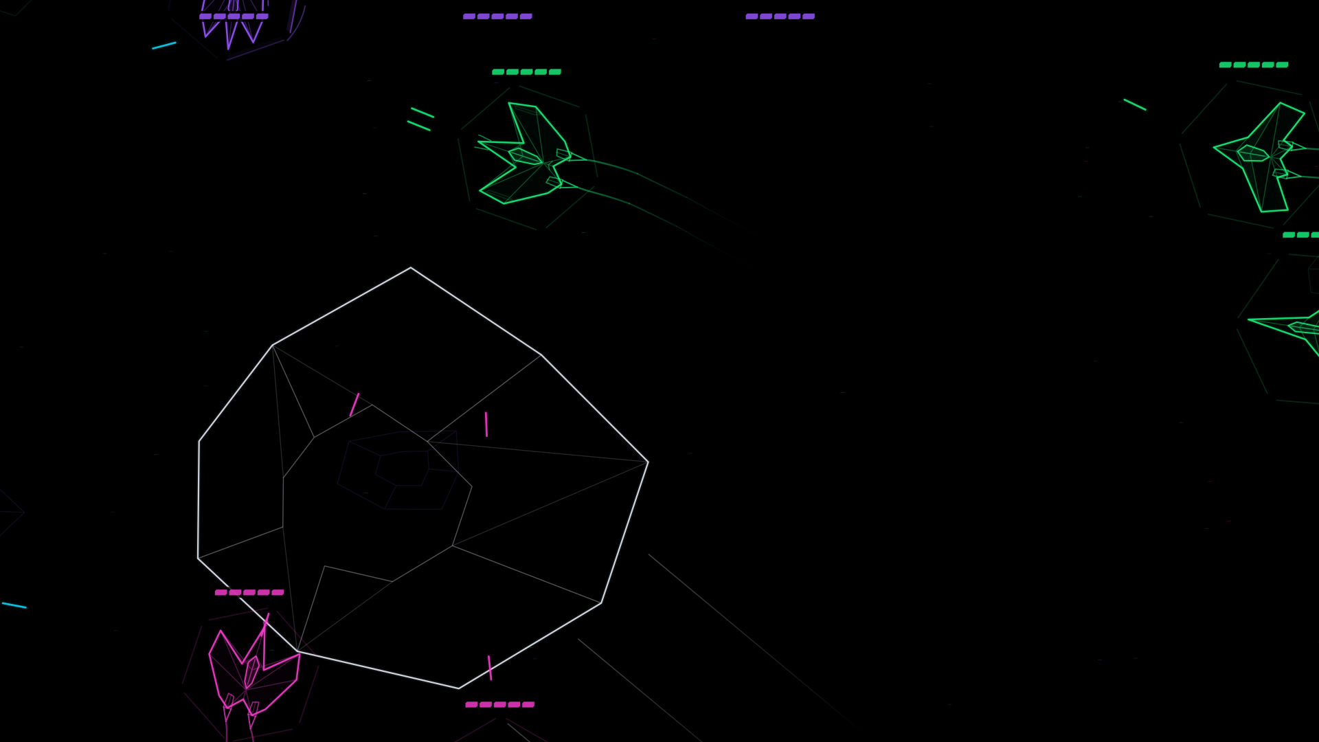 Neon ships navigating a giant asteroid in actual AFK Wars gameplay